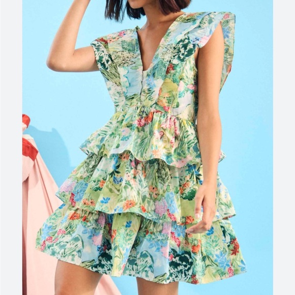 NEW NWT HUNTER BELL Pamela Dress Garden Party Floral Tiered Ruffle Size 2